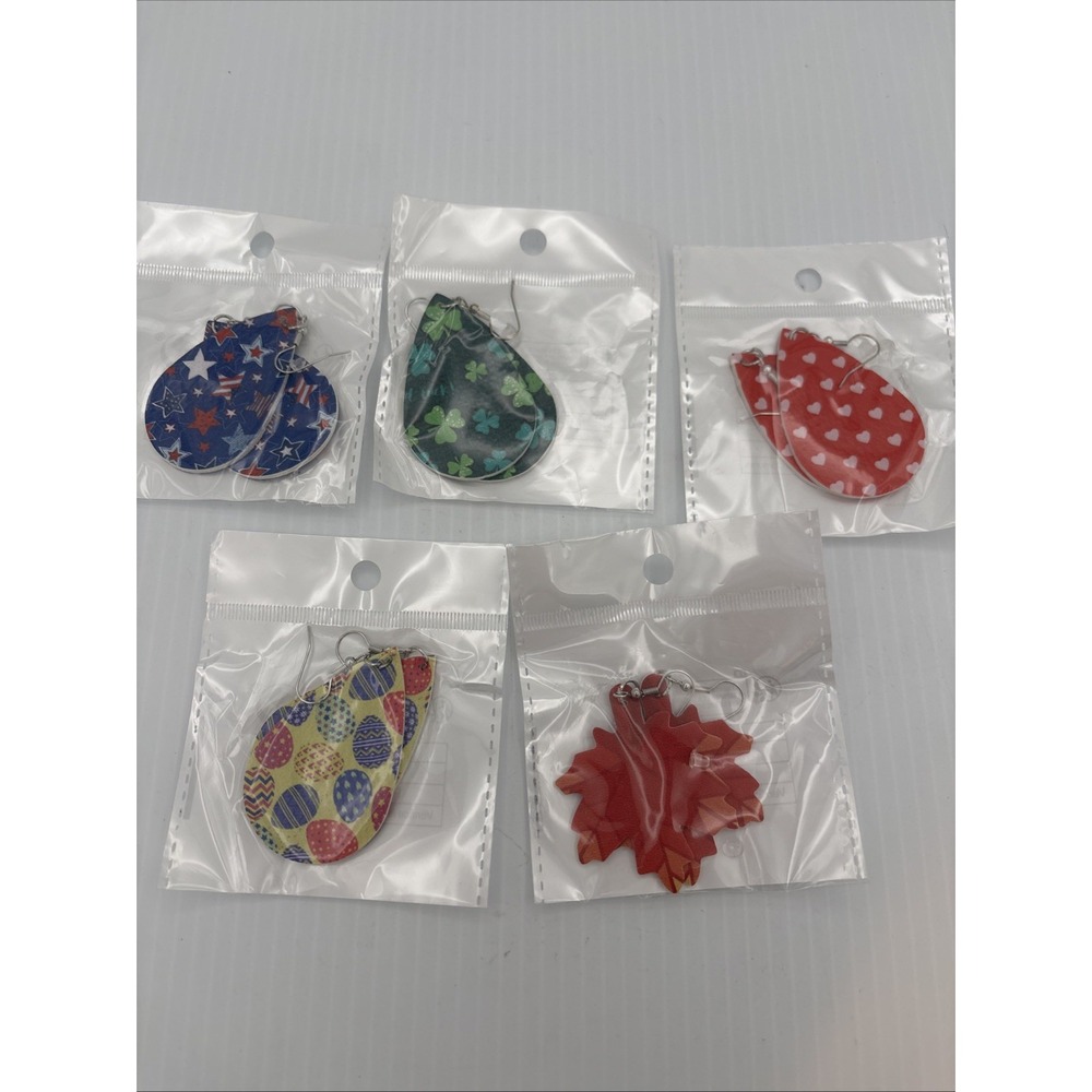 5 Pairs Assorted Holiday Earrings Faux Leather Teardrop Dangle Multicolor Set
